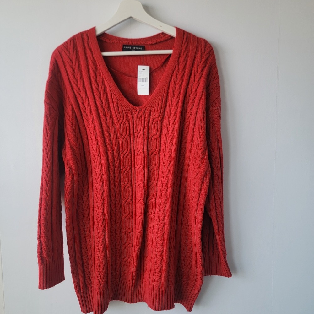 Lane Bryant women's V-neck sweater sz 22/24 classic vertical cable-knit holiday